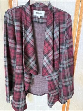 BB Dakota Burgundy and Gray Plaid Open Drape Cardigan Sz M